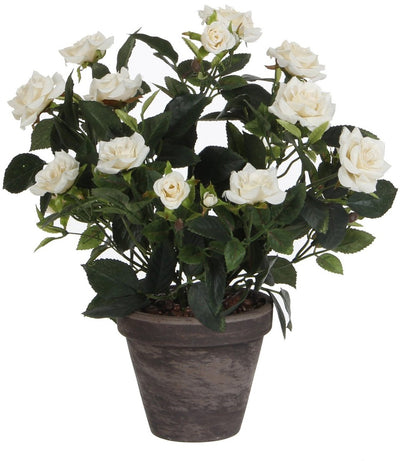 Glimmerdekorationen Kunstpflanze - Rosen - weiß - im grauen Topf - 33 cm