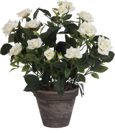 Glimmerdekorationen Kunstpflanze - Rosen - weiß - im grauen Topf - 33 cm