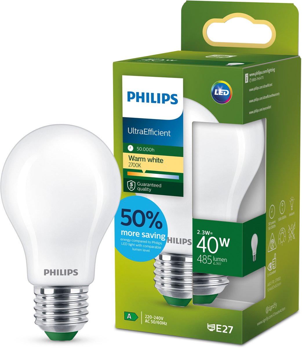 Philips LED Ultraeffiziente LED-Lampe von Philips – matt – 40 W – E27-Fassung – warmweißes Licht: 2700 K – sparen Sie Energiekosten