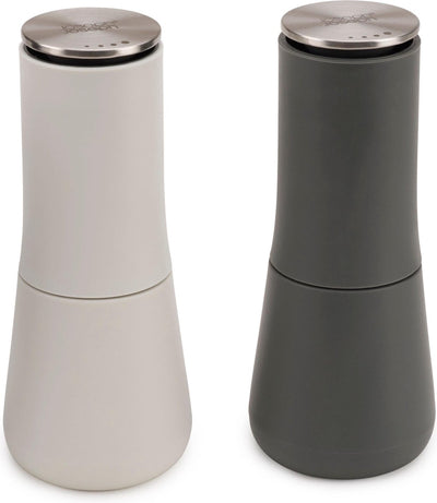 Joseph Joseph Milltop Salz- und Pfeffermühlen-Set – Anti-Chaos-Design – einstellbarer Mahlgrad – Grau – 2-teilig