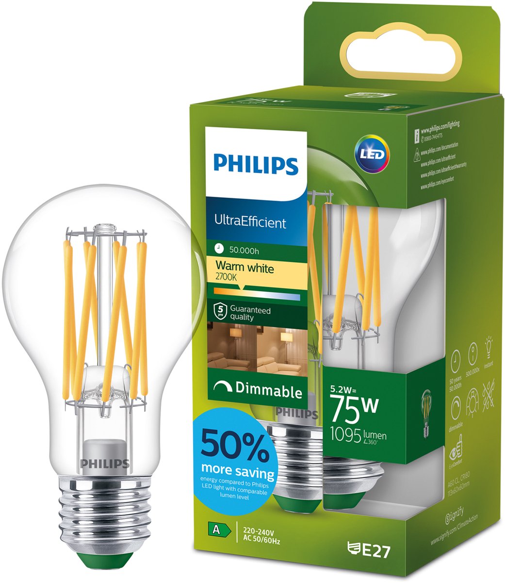 Philips LED Ultraeffiziente LED-Lampe von Philips – 60 W – E27-Fassung – warmweißes Licht: 2700 K – Milchglas – P45-Kugellampe – lange Lebensdauer
