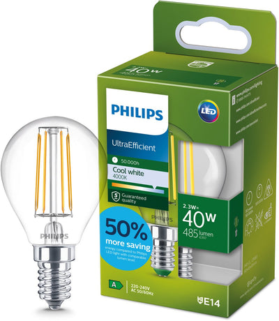 Philips LED Philips ultraeffiziente LED-Kugellampe transparent – 40 W – E14 – kaltweißes Licht – Energielabel a