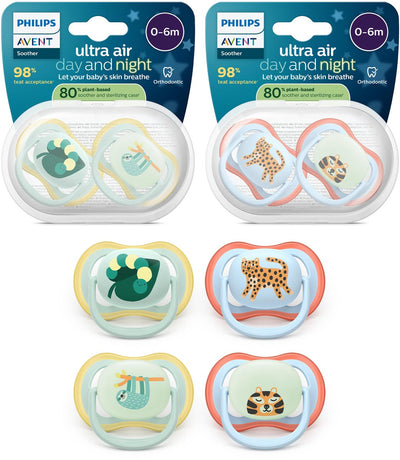 Philips Avent Ultra Air Day Night – Schnullerset mit Tag- und Nachtversion – 4 Stück – 0–6 Monate – scf087 22
