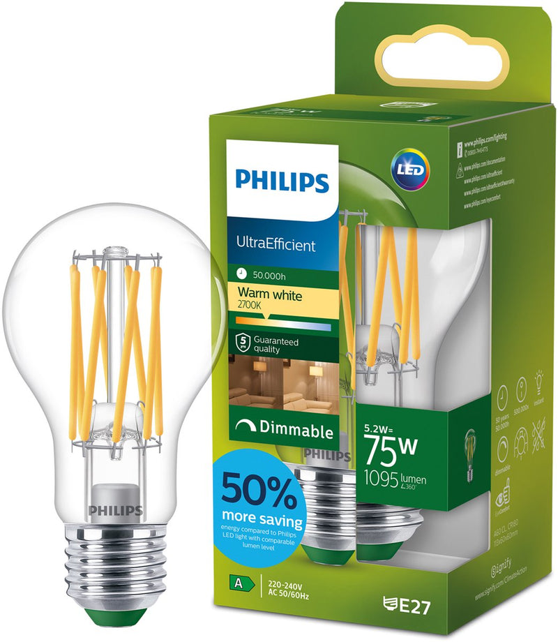 Philips LED Ultraeffiziente LED-Lampe von Philips – 60 W – E27-Fassung – warmweißes Licht: 2700 K – Milchglas – P45-Kugellampe – lange Lebensdauer