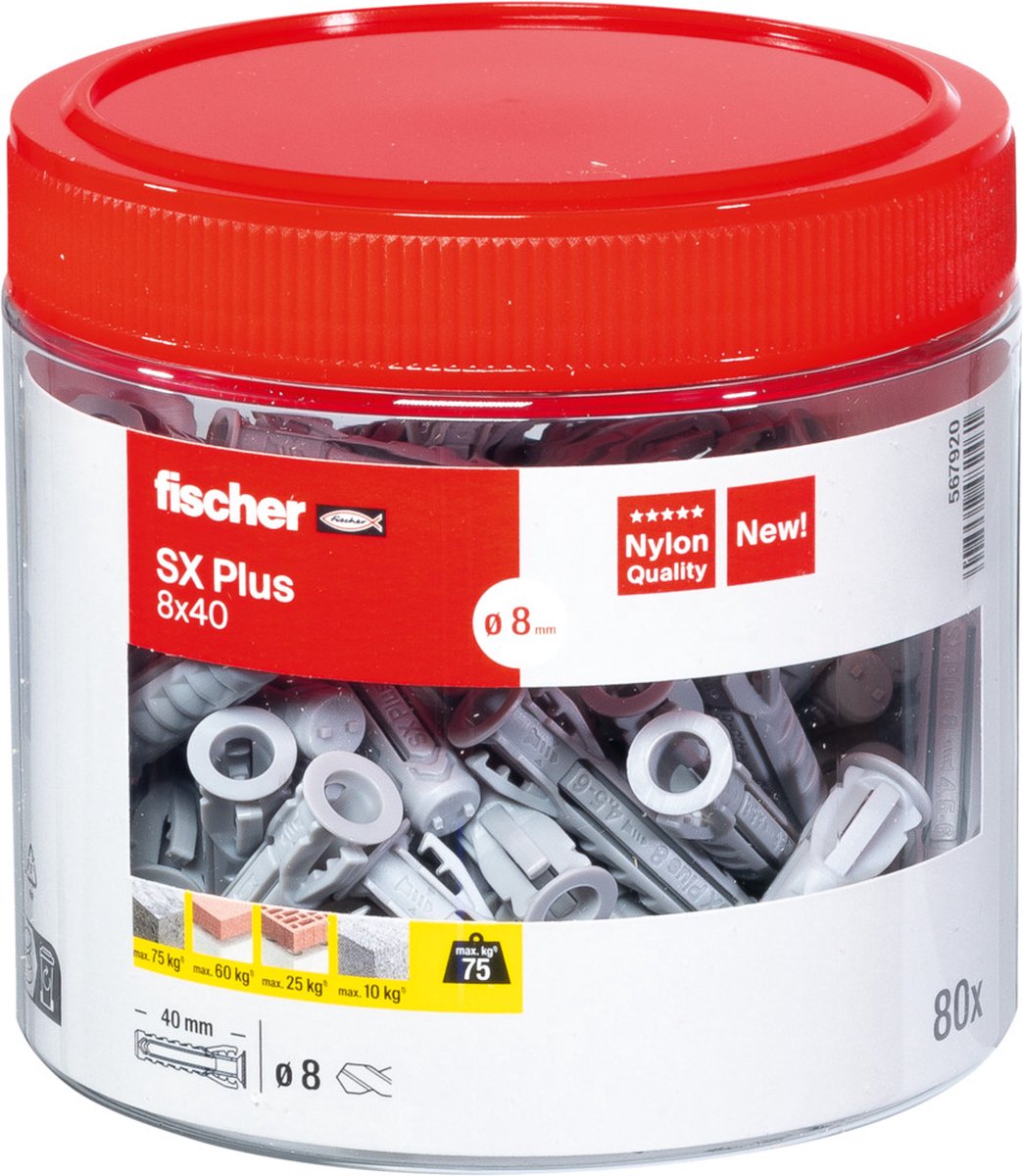Fischer sx plus 8×40 – Nylondübel für Beton und Mauerwerk | 80 Stück