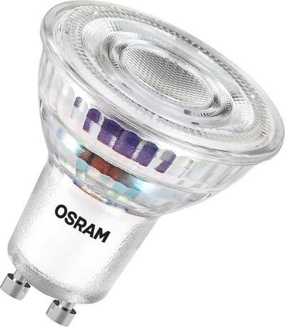 Osram Energieklasse LED-Reflektorlampe PAR16 mit 2 W, 360 lm, kaltweiß (4000 K) aus bleifreiem Glas mit Gu10-Sockel in Energieeffizienzklasse A, 50 mm Durchmesser, IP20.