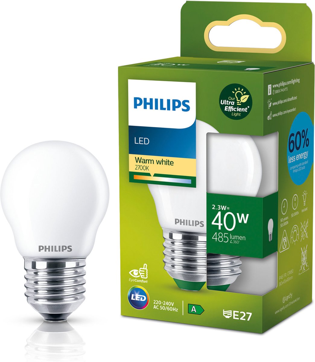 Philips LED Philips ultraeffiziente LED - Kugellampe - matt - 40 W - E27-Fassung - dimmbares warmweißes Licht - Energielabel a