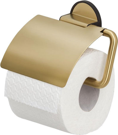 Tiger Tune - Toilettenpapierhalter mit Klappe - Toilettenpapierhalter - ohne Bohren - selbstklebendes 3m-Klebeband - Gold gebürstet schwarz