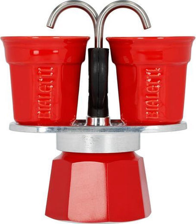 Bialetti Mini Express Rot 2 Tassen – inklusive 2 Espressotassen – Espressokanne aus Aluminium – ikonisches italienisches Design