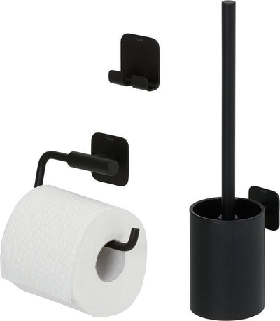 Tiger Colar - Toilettenzubehörset - Toilettenbürste mit Halter - Toilettenpapierhalter ohne Klappe - Handtuchhaken - - Schwarz
