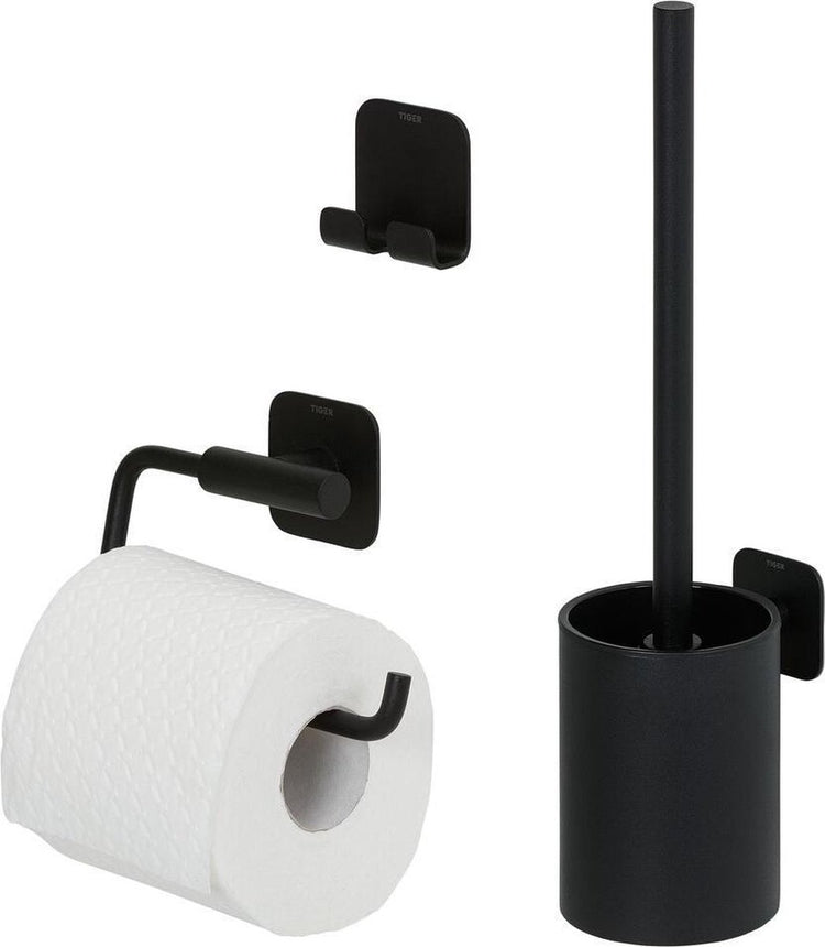 Tiger Colar - Toilettenzubehörset - Toilettenbürste mit Halter - Toilettenpapierhalter ohne Klappe - Handtuchhaken - - Schwarz