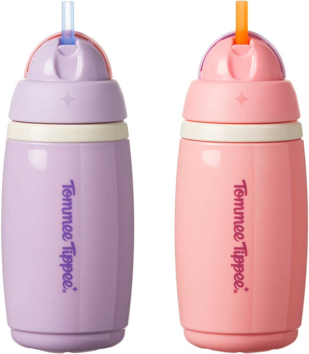 Tommee Tippee isolierter Aktiv-Strohhalmbecher – 2 Stück – 266 ml – auslaufsichere Wasserflasche für Kleinkinder ab 12 Monaten – Rosa und Lila