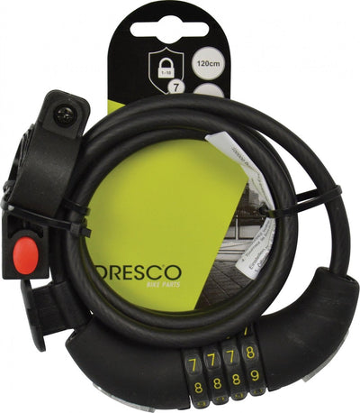 Dresco Kabelschloss 120 8 Code – Spiralkombinationsschloss – 120 cm – rund 8 mm – mit Halterung – schwarz