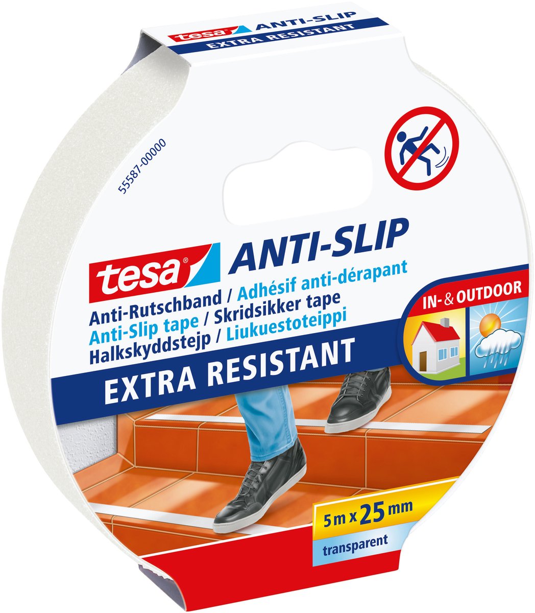 Tesa Anti-Rutsch-Klebeband, Treppen, Leitern, Böden im Innen- und Außenbereich, selbstklebend – transparent, 5 m x 25 mm