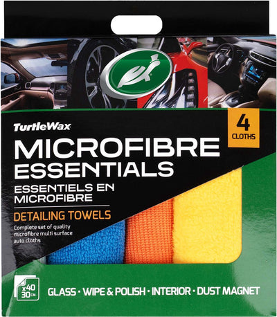 Turtle Wax Mikrofaser-Essentials-Set – 4 verschiedene Mikrofasertücher – jedes Tuch eine bestimmte Detailaufgabe – Glasreinigung, Polieren, Polieren, Innenreinigung – 40 x 30 cm