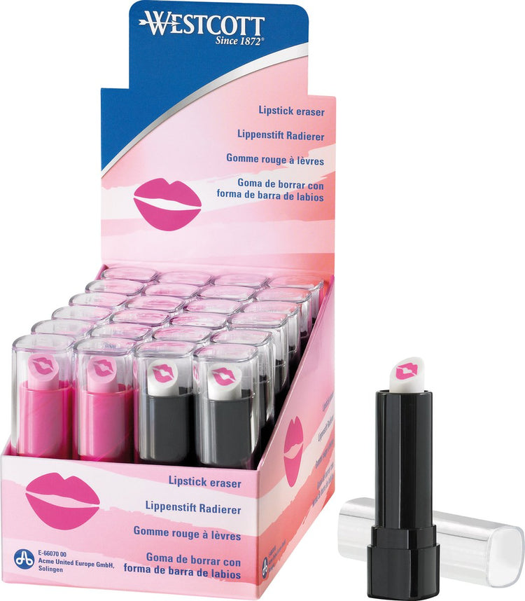 Westcott Radiergummi – Lippenstiftform – in 2 verschiedenen Farben – Display mit 24 Stück – ac-e66070