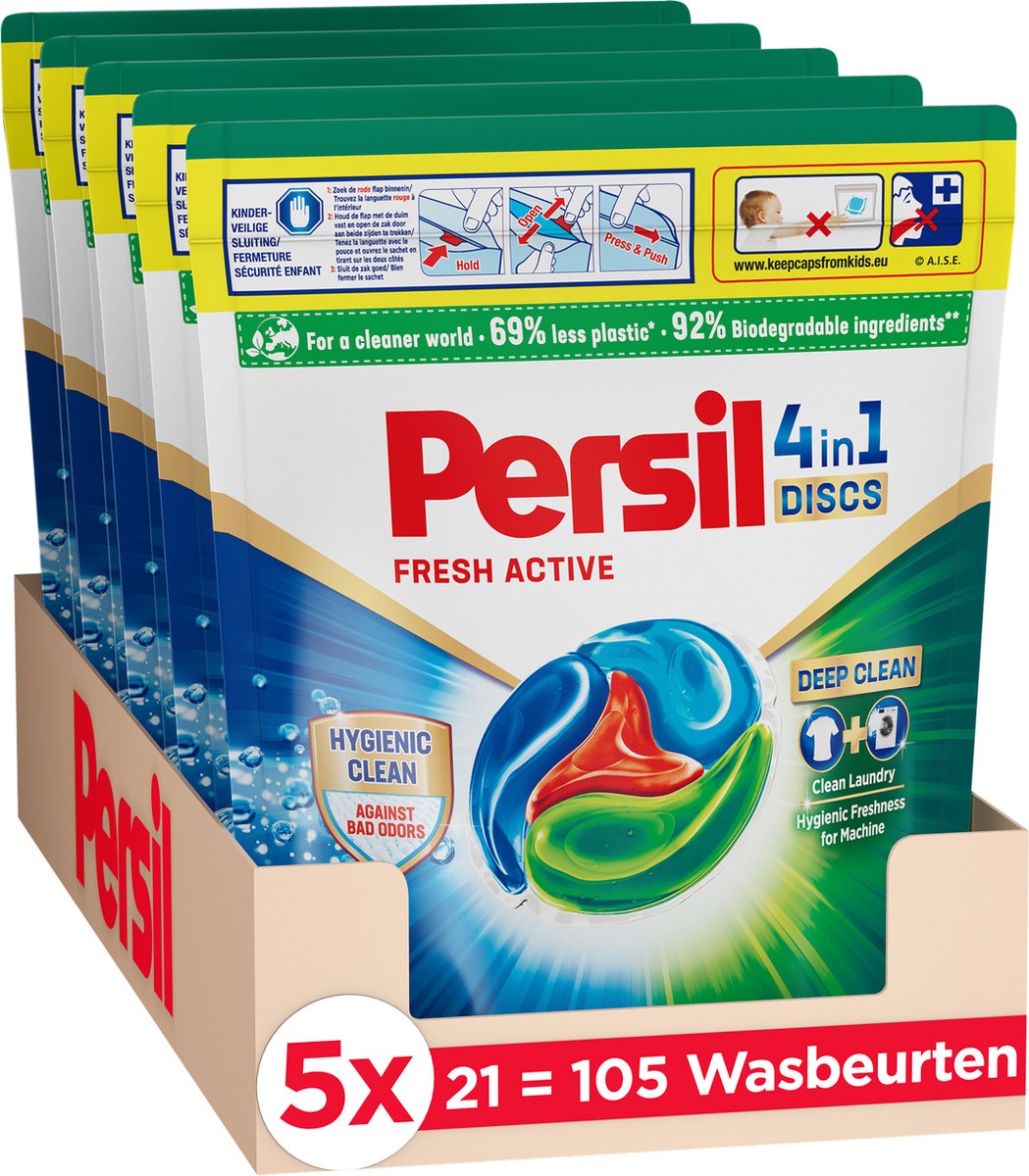 Persil Scheiben Fresh Active – Waschkapseln – kraftvolle Fleckenentfernung – hygienische Reinigung – Vorteilspack – 5 x 21 Wäschen