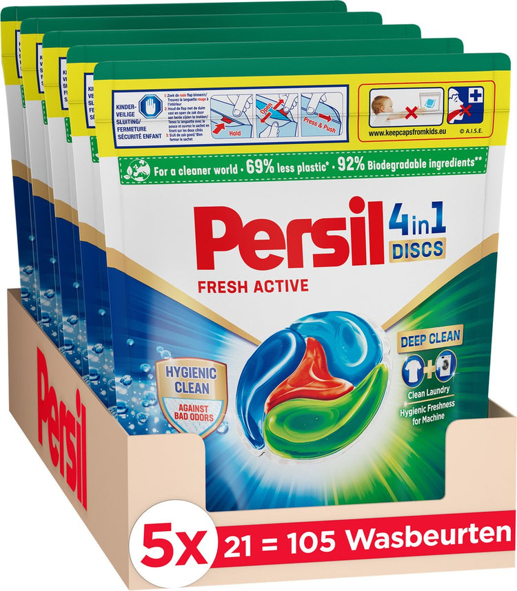 Persil Scheiben Fresh Active – Waschkapseln – kraftvolle Fleckenentfernung – hygienische Reinigung – Vorteilspack – 5 x 21 Wäschen
