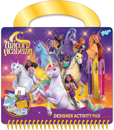 Totum Unicorn Academy Designer-Aktivitätsbuch Zeichnen, Schreiben, Aufkleber – Ferienbuch, kreatives Spielzeug für Mädchen ab 3 Jahren