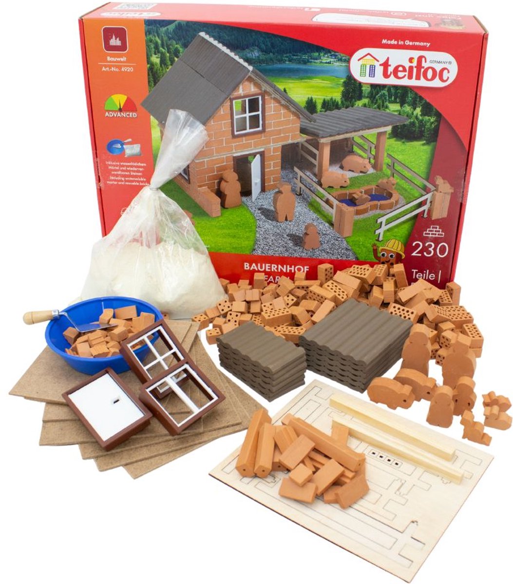 Teifoc® Baukasten – Bauernhof – 230 Teile – echte Mini-Steine mit Zement, Schüssel und Kelle – Bausatz für Kinder ab 6 Jahren