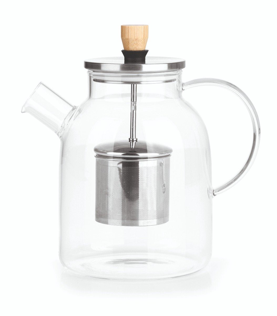 Beem Teekanne Glas, Glasteekanne mit Teefilter – 1,5l, Glas Bambus Edelstahl