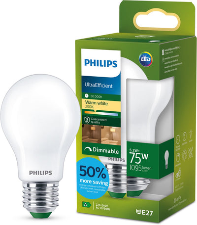 Philips LED Ultraeffiziente LED-Lampe von Philips – 60 W – E14-Fassung – warmweißes Licht: 2700 K – klares Glas – P45-Kugellampe – lange Lebensdauer