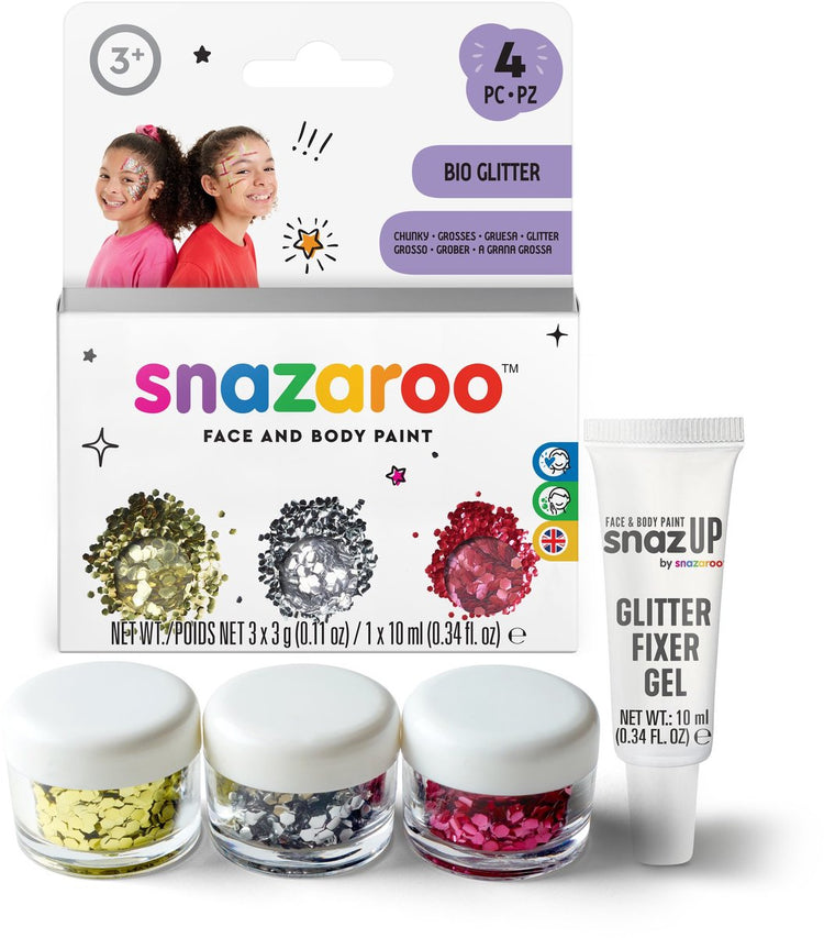Snazaroo 1172244 Bio-Glitter-Set chunky – Glitzer für Gesicht, Körperhaare – 3 Farben + Fixiergel – Festival-Glitzer, hautfreundlich waschbar