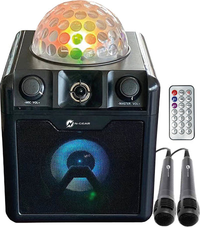 N-Gear Disco Block 410 – Bluetooth-Lautsprecher – Karaoke-Set – Partybox mit Beleuchtung + 2 Mikrofone – Schwarz