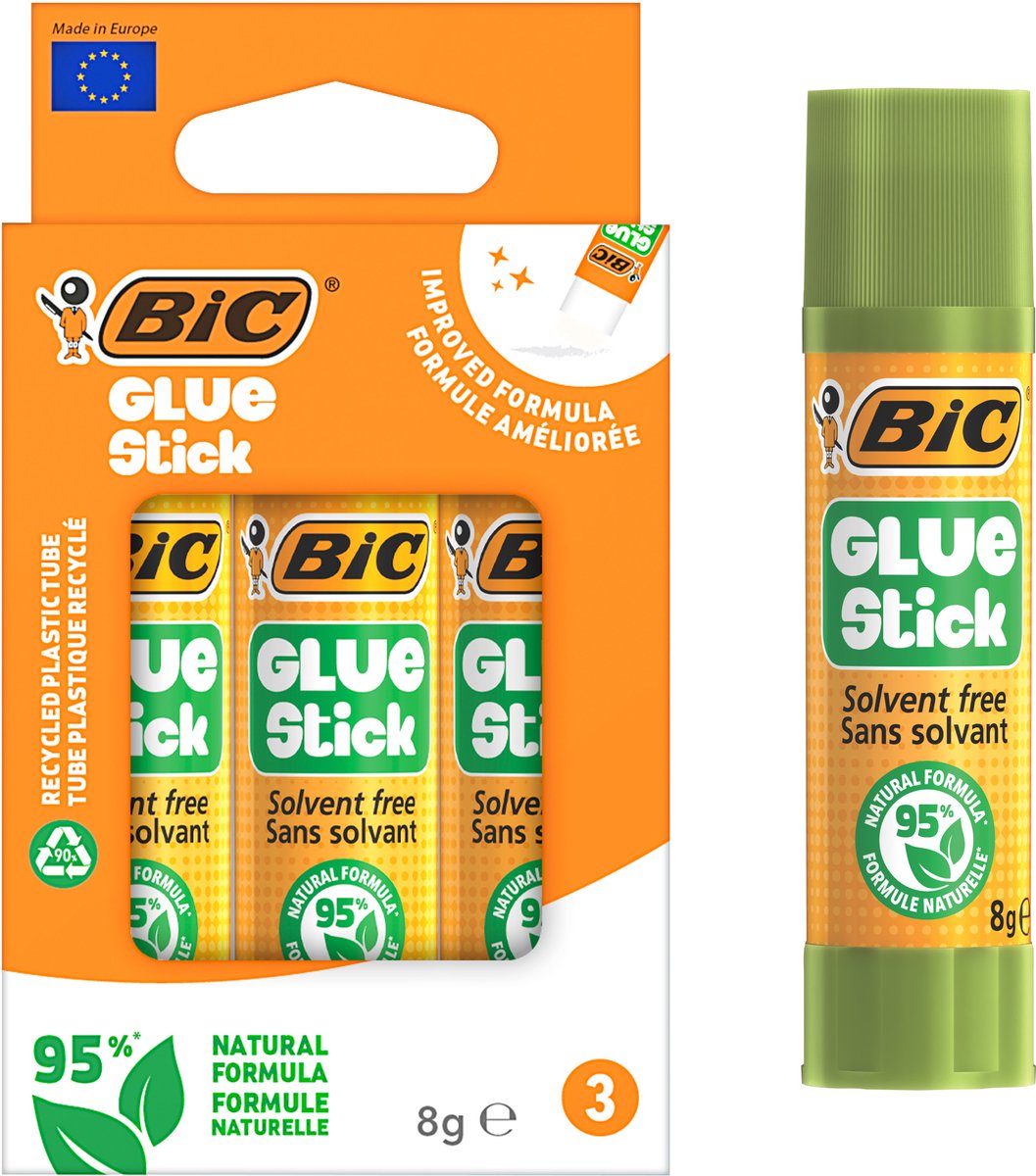 Bic Ecolutions Klebestift 8 g – 3 Stück – 95 % natürlich – Mini-Kleber zum Basteln in der Schule