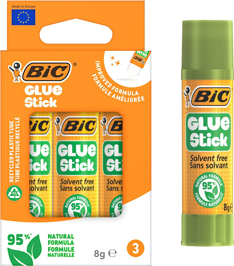Bic Ecolutions Klebestift 8 g – 3 Stück – 95 % natürlich – Mini-Kleber zum Basteln in der Schule