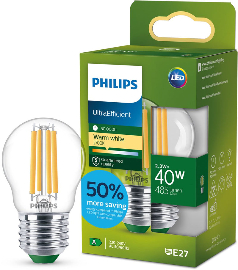 Philips LED Philips ultraeffiziente LED-Kugellampe transparent – 40 W – E27 – warmweißes Licht