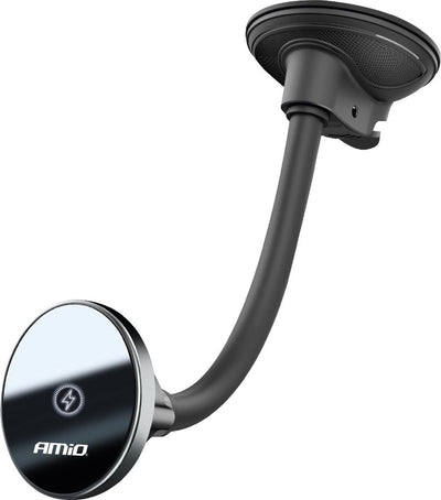 Amio magnetischer Telefonhalter mit kabellosem 15-W-Qi-Ladegerät und Magsafe – verstellbarer Arm und Saugnapf, schwarz