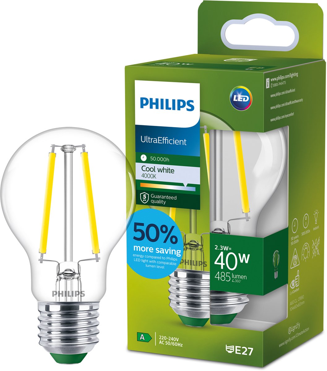 Philips LED Ultraeffiziente LED-Lampe von Philips – 75 W – E27-Fassung – warmweißes Licht: 2700 K – dimmbar – klares Glas – A60-Lampenform – lange Lebensdauer