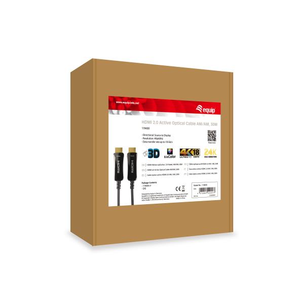Ausrüstungsausrüstung 119430 HDMI 2.0 Active Optical Cable, HDMI Typ A -> HDMI Typ A 3D, 18 Gbit S, 30m, Schwarz