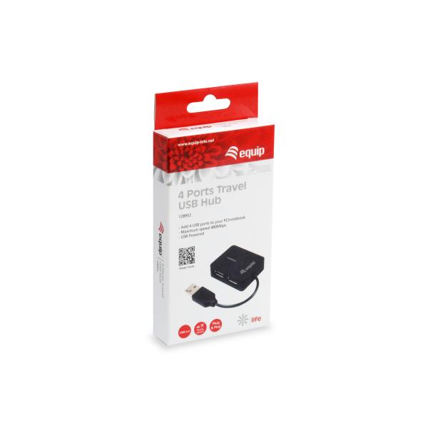 Ausrüstungsausrüstung 128952, 4-Port-Reise-USB-Hub, USB 2,0, 480 Mbit, Plastik, Schwarz