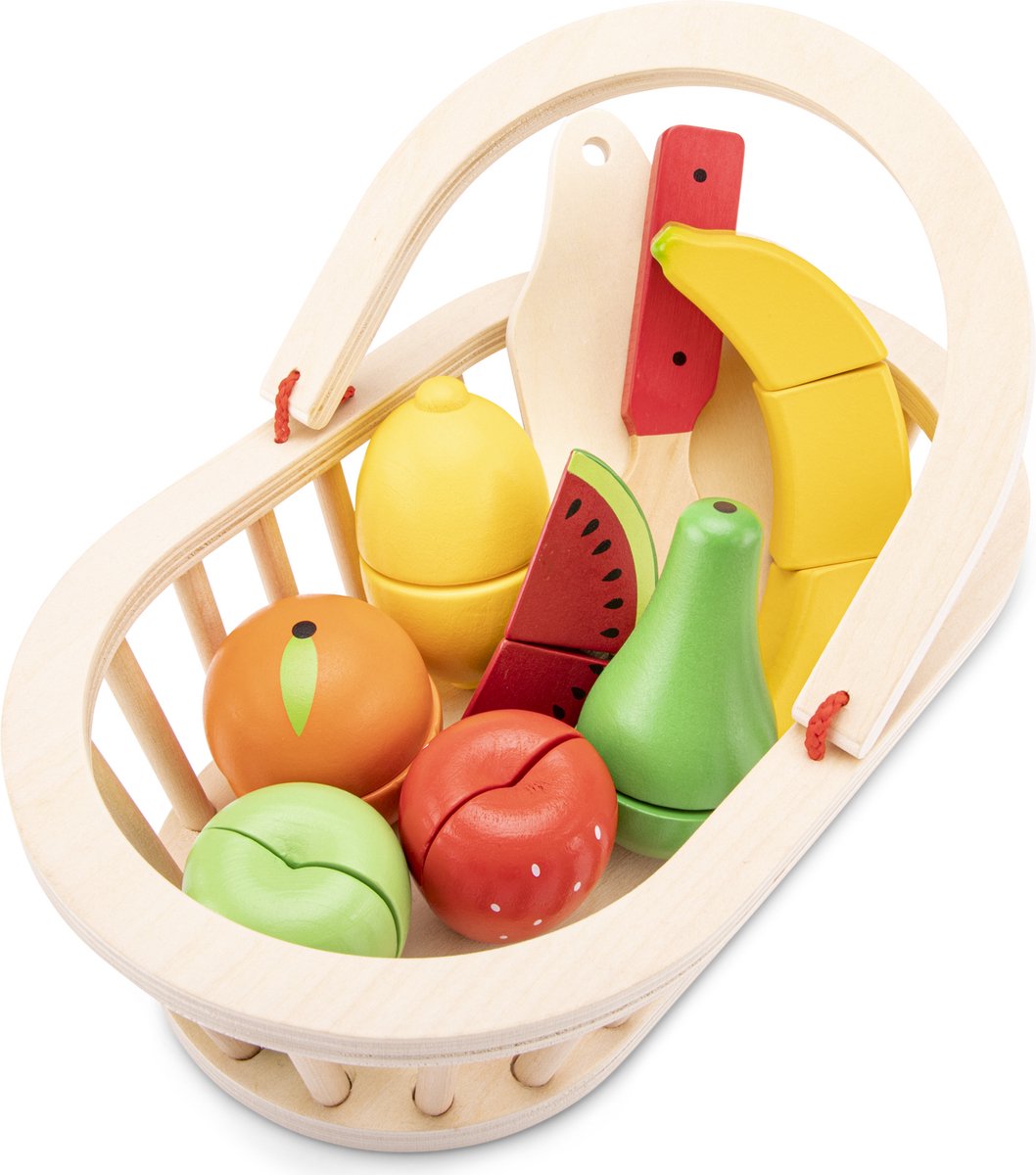 Woet® Obstkorb-Spielset aus Holz – schneidbares Obst im Korb mit Schneidebrett – Lernspielzeug-Lebensmittelschneideset – Rollenspielspielzeug – ab 2 Jahren