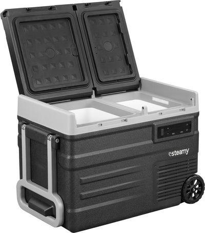 Steamy-e Zweizonen-Roller-Kühlbox mit elektrischem Kompressor auf Rädern – Doppelzone – 41 Liter – 12 V und 230 V – für Auto und Camping – Schwarz