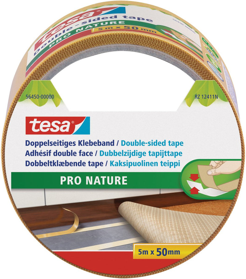 Tesa doppelseitiges Teppichband – 1x Stück – Rolle 5 Meter – Pro Nature – nachhaltiges DIY-Material – Haushaltsartikel – Teppichband – doppelseitiges Klebeband