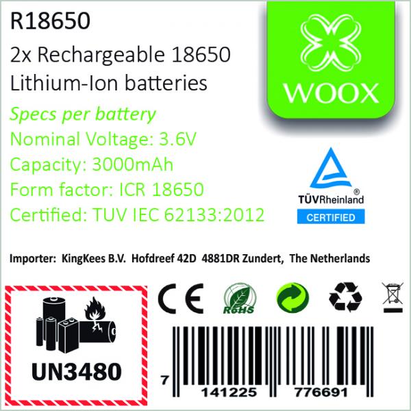 WOX R18650 ist ein Satz von 2 Stücken wiederaufladbarer Lithium-Ionen-Batterien Typ 18650