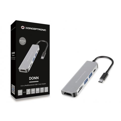 Concepttronic Concepttronic Donn02G 6-in-1 Multifunktional USB-Hub-Adapte, USB 3.2 Gen 1 Typ-C, HDMI, 5 Gbit / s, Alu