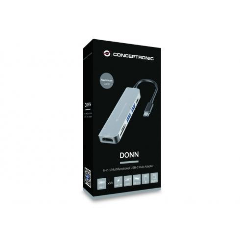 Concepttronic Concepttronic Donn02G 6-in-1 Multifunktional USB-Hub-Adapte, USB 3.2 Gen 1 Typ-C, HDMI, 5 Gbit / s, Alu