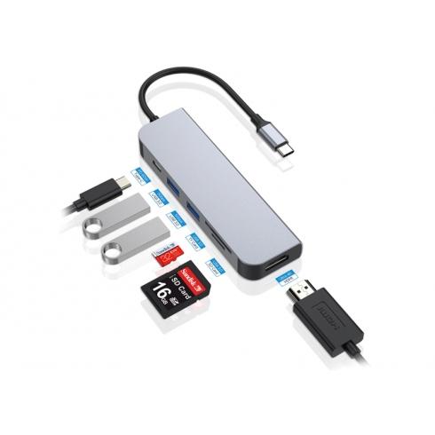 Concepttronic Concepttronic Donn02G 6-in-1 Multifunktional USB-Hub-Adapte, USB 3.2 Gen 1 Typ-C, HDMI, 5 Gbit / s, Alu