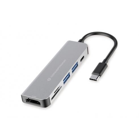 Concepttronic Concepttronic Donn02G 6-in-1 Multifunktional USB-Hub-Adapte, USB 3.2 Gen 1 Typ-C, HDMI, 5 Gbit / s, Alu