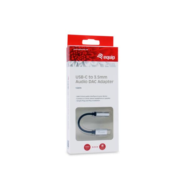 Ausrüstungsausrüstung 133474 USB-C bis 3,5 mm Audio DAC-Adapter, USB-C, 3,5 mm, männliches Weibchen, 0,15 m, Schwarz, Silber