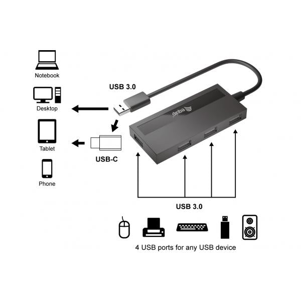 Ausrüstungsausrüstung 128956 4-Port USB 3.0 Hub mit USB-C-Adapter, USB 3.2 Gen 1 Typ-A, 5000 Mbit S, Schwarz
