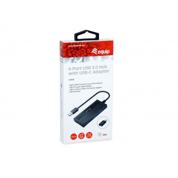 Ausrüstungsausrüstung 128956 4-Port USB 3.0 Hub mit USB-C-Adapter, USB 3.2 Gen 1 Typ-A, 5000 Mbit S, Schwarz