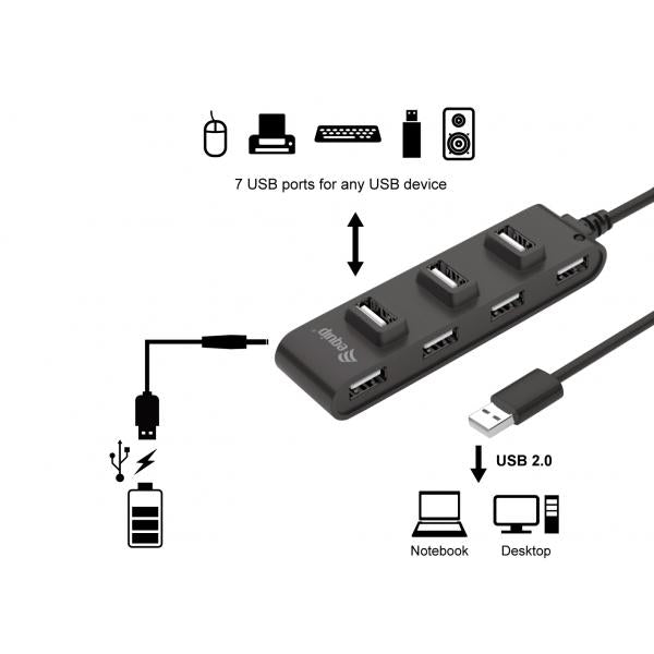Ausrüstungsausrüstung 128957 7-Port USB 2.0 Hub, USB 2.0, USB 2.0, 480 Mbit S, Schwarz