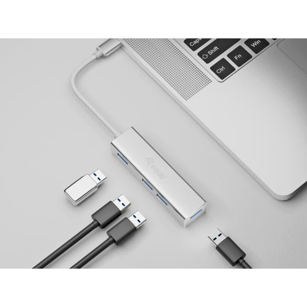 Ausrüstungsausrüstung 128958 USB-C bis 4-Port USB 3.0 Hubs, USB 3.2 Gen 1 Typ-C, Typ-A, 5000 Mbits, Silber