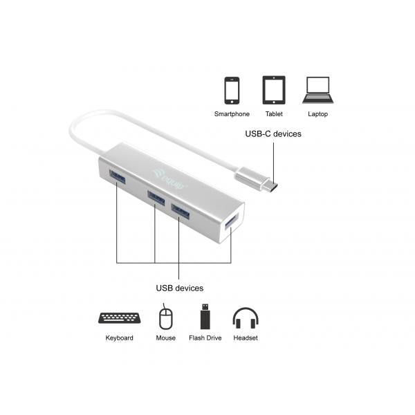 Ausrüstungsausrüstung 128958 USB-C bis 4-Port USB 3.0 Hubs, USB 3.2 Gen 1 Typ-C, Typ-A, 5000 Mbits, Silber