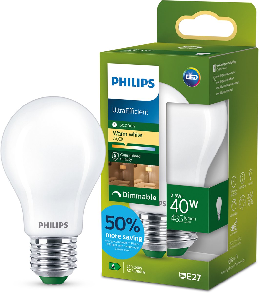 Philips LED Ultraeffiziente LED-Lampe von Philips – 60 W – E27-Fassung – warmweißes Licht: 2700 K – klares Glas – P45-Kugellampe – lange Lebensdauer